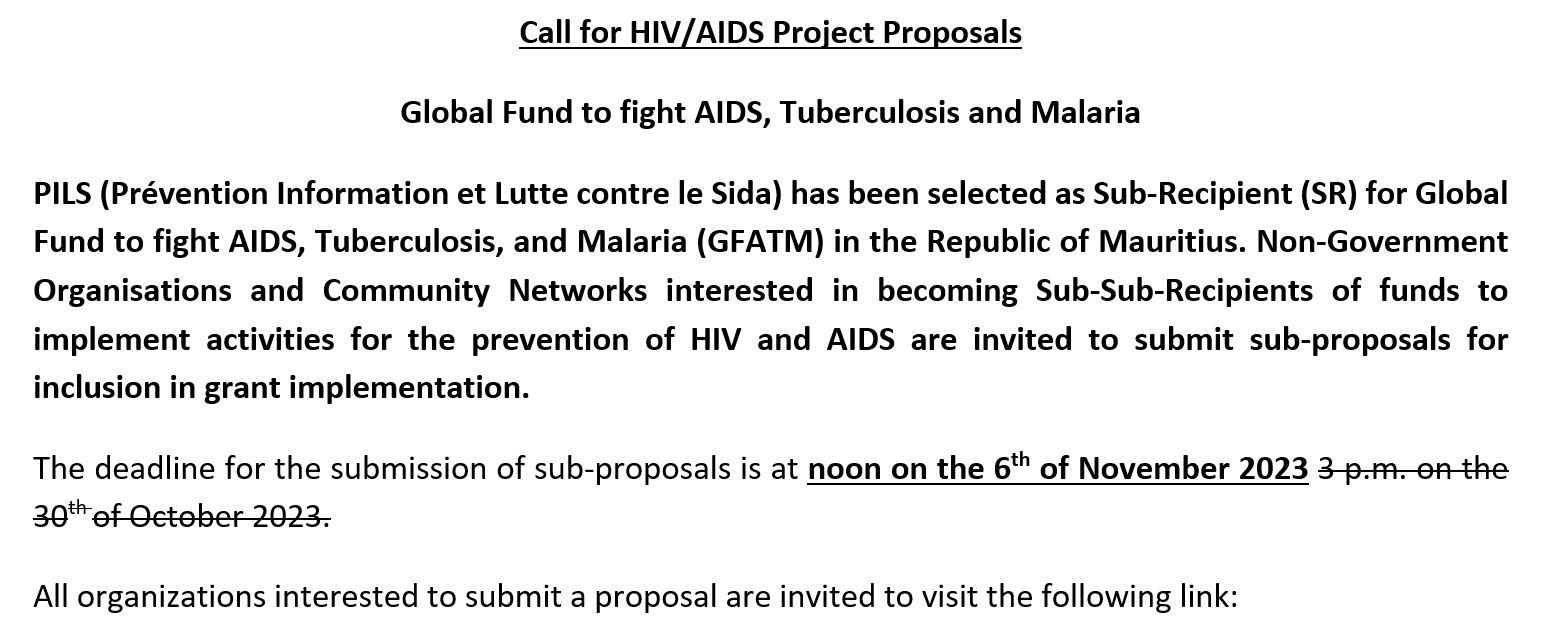 Call for HIV/AIDS Project Proposals – Global Fund to fight AIDS, Tuberculosis and Malaria